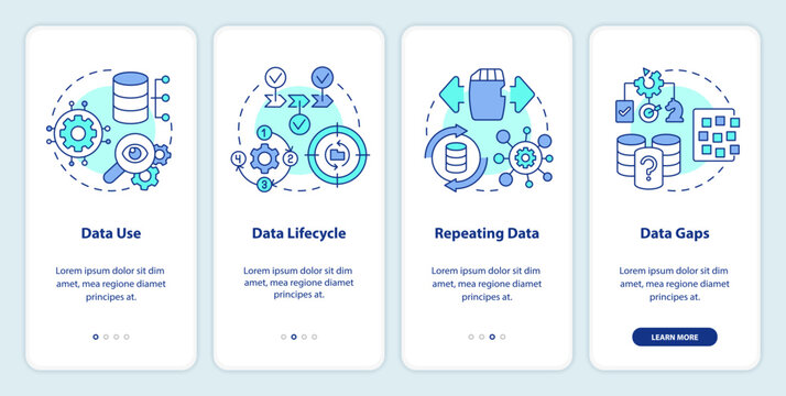Data management strategy onboarding mobile app screen. Regulate walkthrough 4 steps editable graphic instructions with linear concepts. UI, UX, GUI template. Myriad Pro-Bold, Regular fonts used