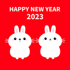 Obraz na płótnie Canvas 2023. The year of the rabbit. Happy Chinese New Year. Two bunny love couple set. Cute cartoon kawaii funny baby character. Farm animal collection. Red background. Greeting card. Flat design