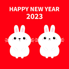 2023. The year of the rabbit. Happy Chinese New Year. Two bunny love couple set. Cute cartoon kawaii funny baby character. Farm animal collection. Red background. Greeting card. Flat design