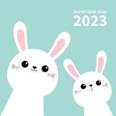 Happy Chinese New Year 2023. The year of the rabbit. Two bunny face head icon set. Cute kawaii hare animal. Cartoon funny baby character. Kids print. Love. Flat design. Blue background.