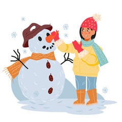 Child girl making a snowman, having fun at winter holidays and playing with snow, flat vector illustration isolated on white background.
