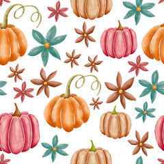 Orange and pink hand drawn watercolor pumpkins with flowers on white, seamless repeating surface pattern design