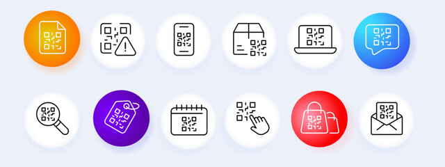 QR and barcode scanners. Phone, sticker, label, goods labeling, portable, encrypted information, sale. Technology concept. Neomorphism style. Vector line icon