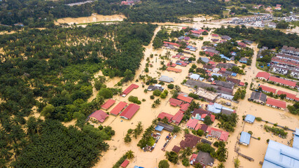 Aerial view of Dengkil district from flooding that causes damage of the infrastructure and housing...