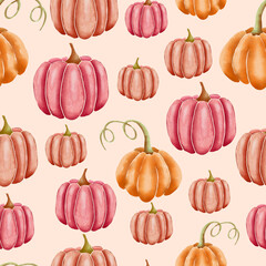 Orange and pink hand drawn watercolor pumpkins on beige, seamless repeating surface pattern design