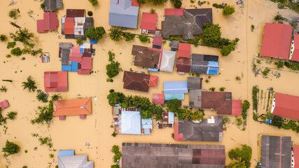 Aerial view of Dengkil district from flooding that causes damage of the infrastructure and housing...