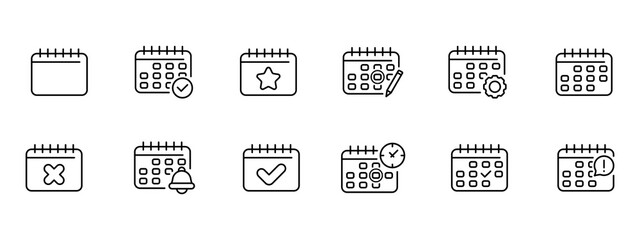 Calendars set icon. Schedule, time management, bell, notification, discount, sale day, date, birthday, pencil, wall, arrow, share, plus, add event. Planning concept. Vector black set icon