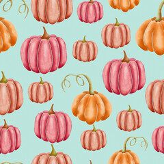 Orange and pink hand drawn watercolor pumpkins on turquoise, seamless repeating surface pattern design