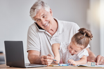 Fototapeta premium Laptop, phone call or senior man and child in remote working network, communication or marketing consulting. Smile, happy or grandfather bonding with girl, grandkid or working from home on technology