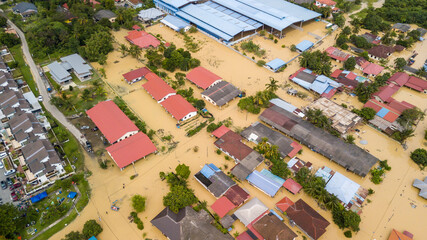 Aerial view of Dengkil district from flooding that causes damage of the infrastructure and housing...