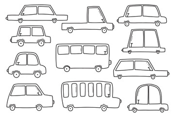 Set of childrens cars. Vector illustration. Doodle style.