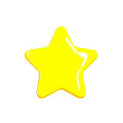 Yellow star. Asterisk sticker. Glossy golden flat star shape. Realistic 3d design element in plastic cartoon style. Icon highlighted on a white background. Vector illustration of a shining star.