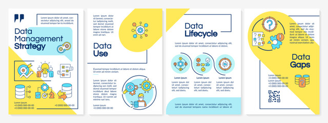 Information management strategy blue and yellow brochure template. Leaflet design with linear icons. Editable 4 vector layouts for presentation, annual reports. Questrial, Lato Regular fonts used © bsd studio