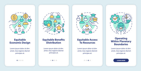 Fototapeta na wymiar Attributes of inclusive economy onboarding mobile app screen. Walkthrough 4 steps editable graphic instructions with linear concepts. UI, UX, GUI template. Myriad Pro-Bold, Regular fonts used