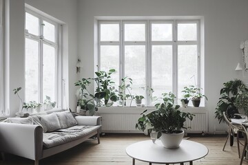 Fototapeta na wymiar Modern and Scandinavian style living room interior with plants illustration