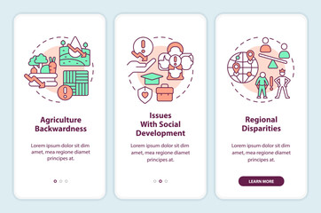 Challenges in achieving inclusive growth onboarding mobile app screen. Walkthrough 3 steps editable graphic instructions with linear concepts. UI, UX, GUI template. Myriad Pro-Bold, Regular fonts used