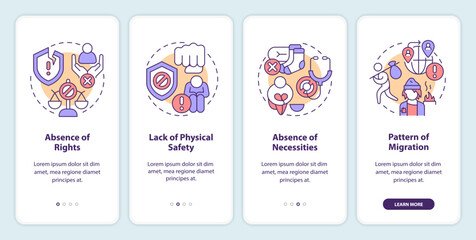Factors contributing to modern slavery onboarding mobile app screen. Walkthrough 4 steps editable graphic instructions with linear concepts. UI, UX, GUI template. Myriad Pro-Bold, Regular fonts used