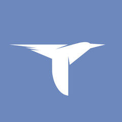 Letter T logo flying bird monogram signature icon.Alphabet initial isolated on blue background.Freedom concept lettering sign.Travel, tourism style character.Geometric typography.