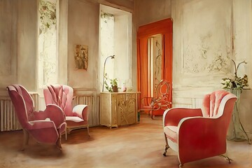 Shabby chic and french stlye living room interior with armchairs  illustration