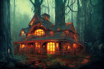 Abandoned misty steampunk house with tendril illustration