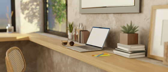 side view, Minimal home workspace with laptop mockup and decor on wood table
