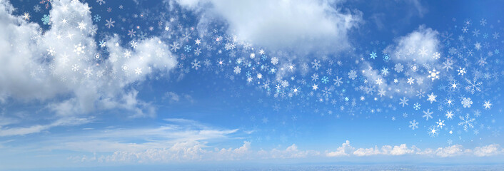 冬の青空に舞うキラキラと光る雪の結晶 - obrazy, fototapety, plakaty