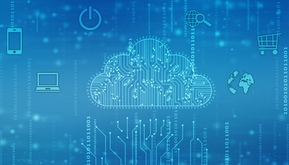 2d illustration of Cloud computing, Digital Cloud computing Concept background. Cyber technology, internet data storage, database and data server concept