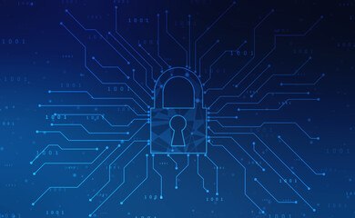Digital Padlock on abstract technology background, Technology security concept. Modern safety digital background. Protection system, Cyber Security and safety information, personal data concept