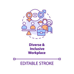 Diverse and inclusive workplace concept icon. Decent working practice abstract idea thin line illustration. Isolated outline drawing. Editable stroke. Arial, Myriad Pro-Bold fonts used