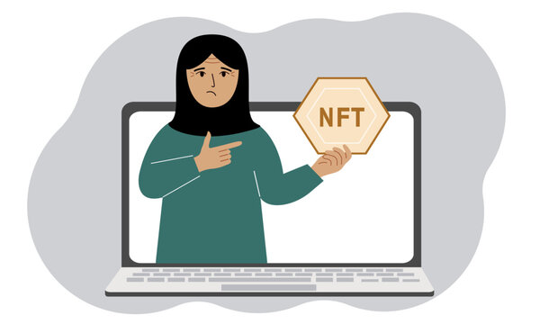 NFT concept. A laptop in which a muslim woman with the image of NFT in the palm of his hand. Auction of non-fungible tokens, markets, online education.
