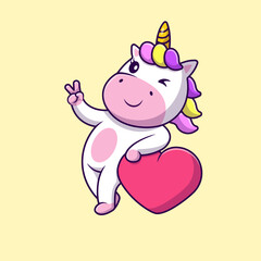 Cute Unicorn Peace Hand With Heart Love Cartoon Vector Icons Illustration. Flat Cartoon Concept. Suitable for any creative project.