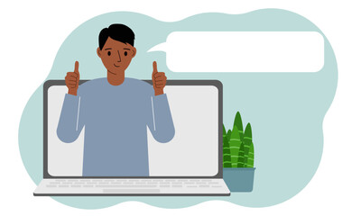 User reviews. Laptop with a man with thumbs up. Customer Review, Online Review, Star Rating, Feedback. Rating bubble.