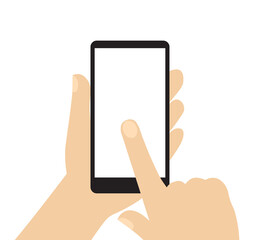 Hand holding smartphone with white screen. Mobile smart phone with touch on blank screen.