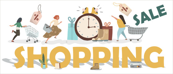 People are in a hurry to get discounts. Huge clocks, loudspeakers, boxes. Happy buyers cartoon characters. Sale of household goods, clothes, consumerism concept. © Natalia