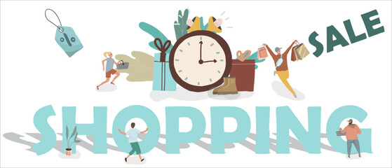 People are in a hurry to get discounts. Huge clocks, loudspeakers, boxes. Happy buyers cartoon characters. Sale of household goods, clothes, consumerism concept. © Natalia