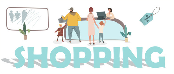 Shopping vector illustration. People queuing at the cashier with purchases. Happy boutique shoppers and friendly cartoon sellers. Clothing sale, consumerism concept.