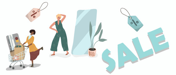 Women try on clothes, enjoy shopping, goods in the cart. Happy buyers cartoon characters. Sale of household goods, clothes, consumerism concept.