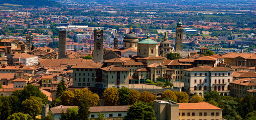 Panoramic view of the town of Bergamo Alta with its historical buildings. 