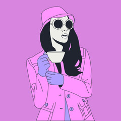 Female cartoon character in fall winter look. Flat colored vector illustration. Stylish Paris Lady in trendy accessories 