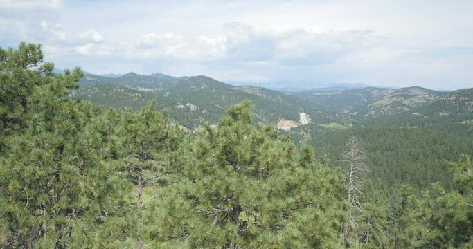 High aerial revealing from pine tree tops to Colorado highway 285 in Conifer in summer