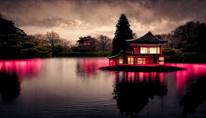 Fototapeta premium Japanese garden with cherry blossom, sakura, houses reflecting in the lake