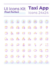 Taxi service pixel perfect gradient linear ui icons set. Urban vehicle order. Line contour user interface symbols. Vector isolated outline illustrations. Montserrat Bold, Light fonts used