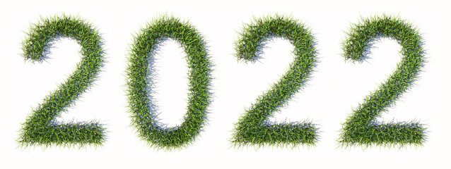 Conceptual green summer lawn grass formingg the 2022 text isolated  on white background. 3d illustration metaphor for environment,  conservation, protection,  life quallity, future generations
