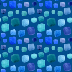 Watercolor seamless pattern with blue and green squares on dark blue background. For fabric, sketchbook, wallpaper, wrapping paper.