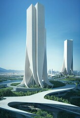 Futuristic fantasy city green buildings with trees and sky scrapers