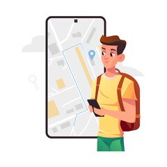 Young man using smartphone map application. Search map navigation on app. Online Delivery or Taxi Service Concept. Vector cartoon character illustration.