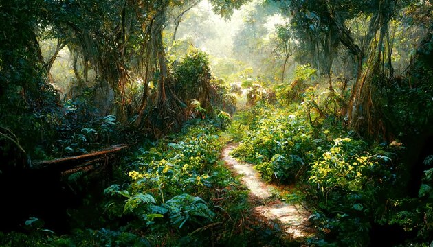 Path in the jungle, amazon rainforest, lush dense vegetation