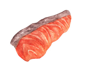 Watercolor hand drawn piece of red fish fillet, Fresh Salmon sashimi.