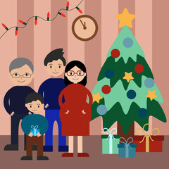 simple vector illustration family with gifts and Christmas tree