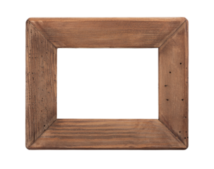 Wood picture frame isolated on white background - Rustic old grunge vintage style.  Painting mock up. PNG file.